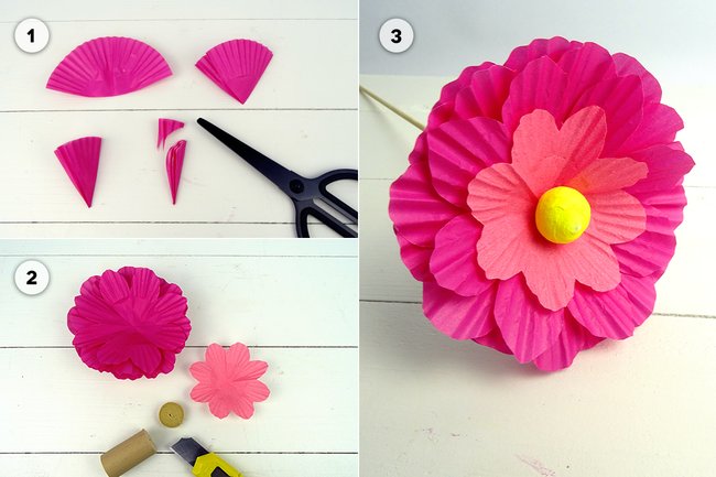 Papierblumen basteln aus bunten Muffinförmchen Papierblumen basteln aus bunten Muffinförmchen
